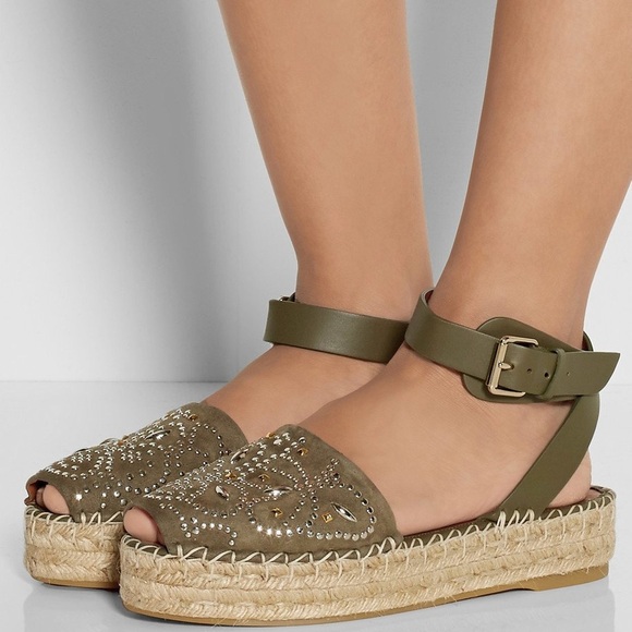 Valentino studded green suede and leather ankle-wrap espadrille sandal size 37